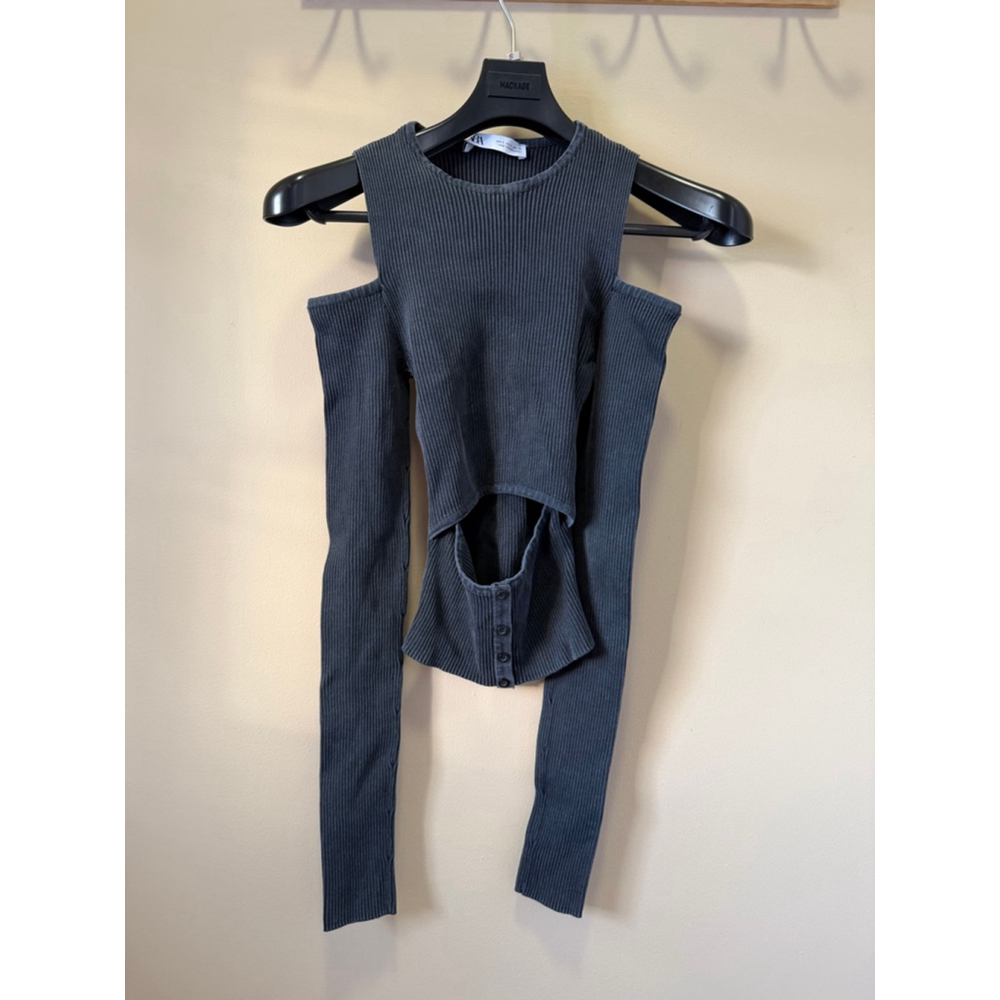 Women's Zara Gray Ribbed Cold Shoulder Crop Top S